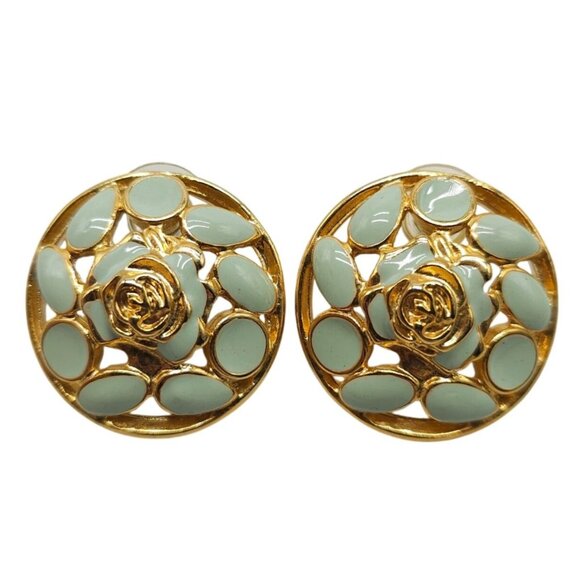 Gold Tone Mint Green Enamel Flower Post Earrings With Rose Detail - Picture 1 of 4